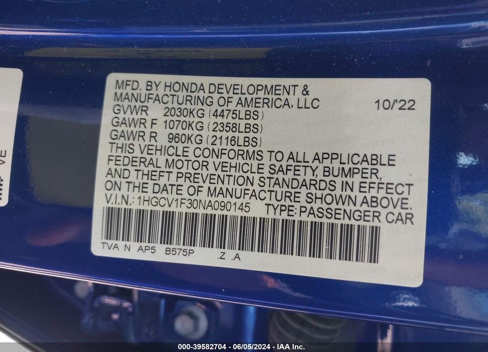 2022 HONDA ACCORD SPORT VIN: 1HGCV1F30NA090145