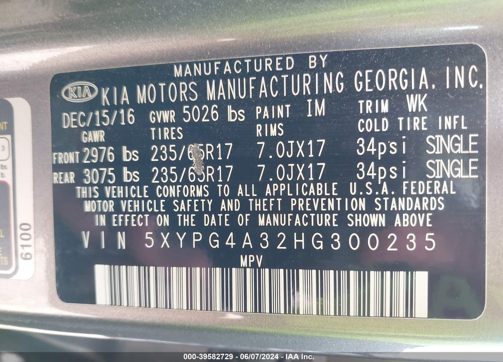 2017 KIA SORENTO 2.4L L VIN: 5XYPG4A32HG300235