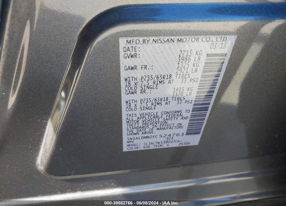 2015 INFINITI QX60 VIN: 5N1AL0MM2FC524763