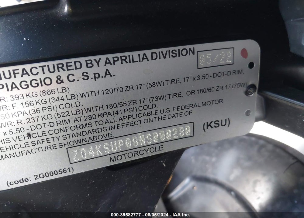 2022 APRILIA RS 660 FACTORY LIMITED EDITION VIN: ZD4KSUP08NS000280