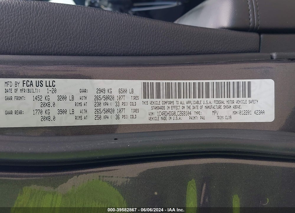 2020 DODGE DURANGO GT PLUS RWD VIN: 1C4RDHDG0LC269104