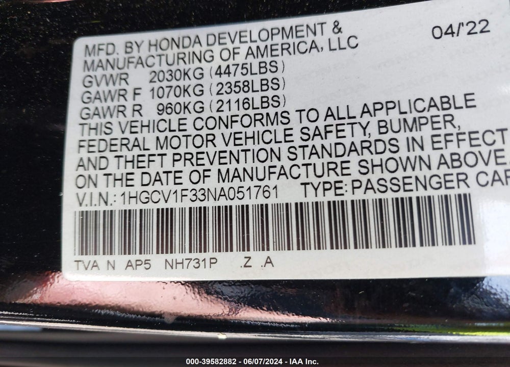 2022 HONDA ACCORD SPORT VIN: 1HGCV1F33NA051761