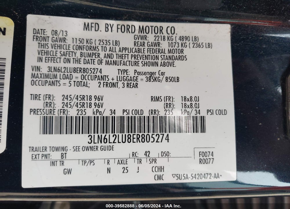 2014 LINCOLN MKZ HYBRID VIN: 3LN6L2LU8ER805274