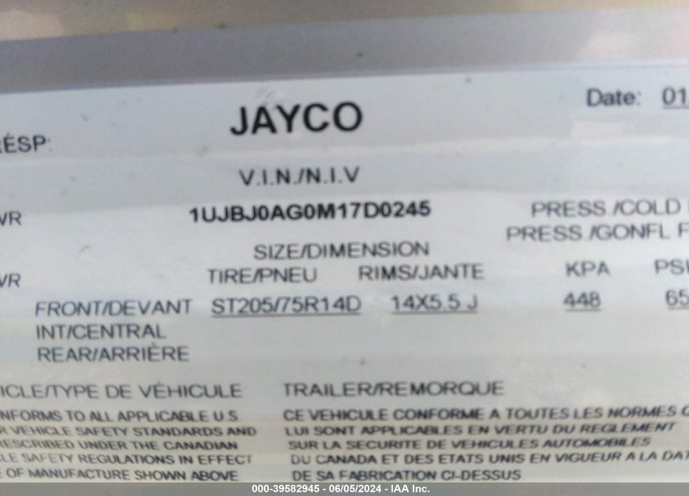 2021 OTHER JAYCO VIN: 1UJBJ0AG0M17D0245