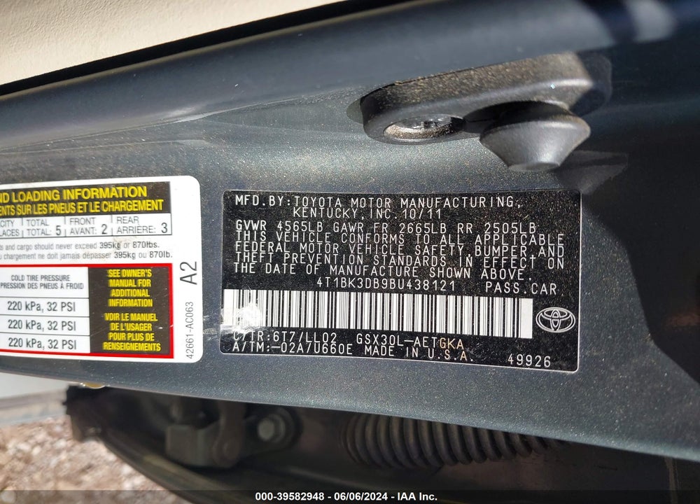 2011 TOYOTA AVALON VIN: 4T1BK3DB9BU438121