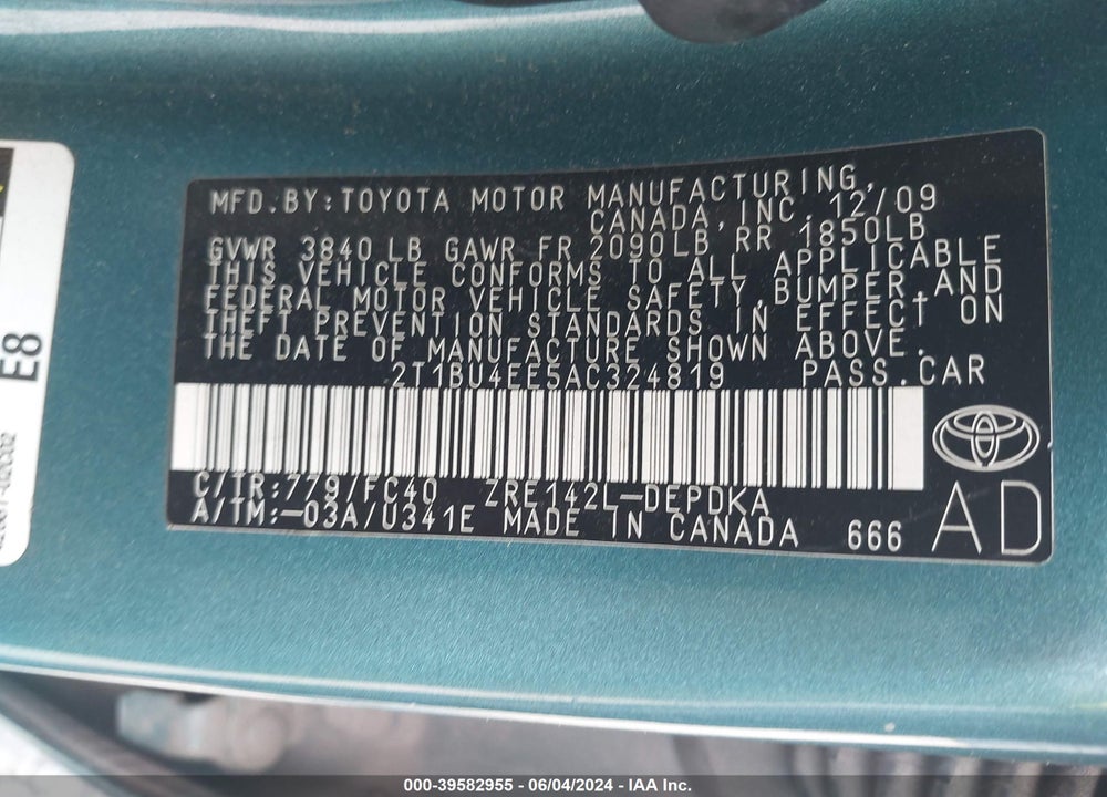 2010 TOYOTA COROLLA LE VIN: 2T1BU4EE5AC324819