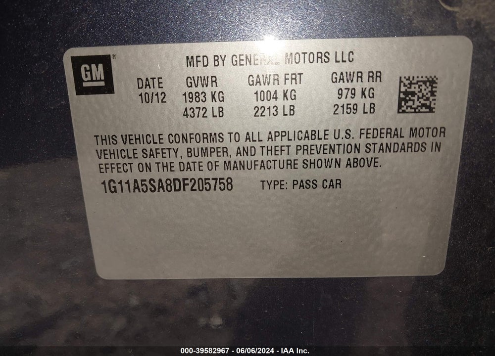 2013 CHEVROLET MALIBU 1FL VIN: 1G11A5SA8DF205758