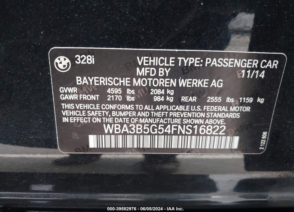 2015 BMW 328I XDRIVE VIN: WBA3B5G54FNS16822