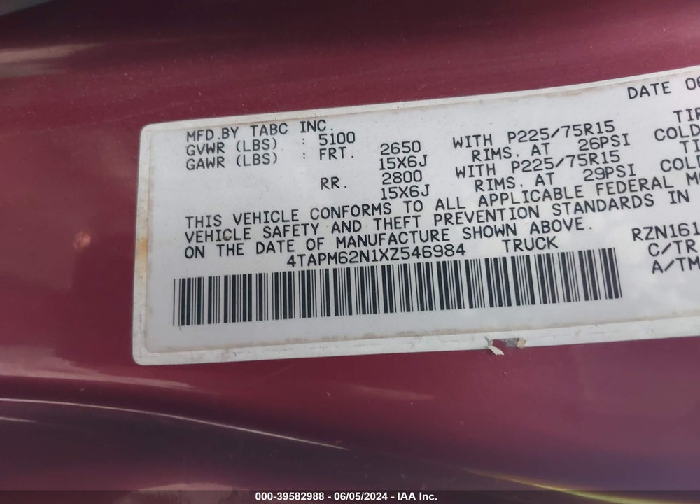 1999 TOYOTA TACOMA VIN: 4TAPM62N1XZ546984