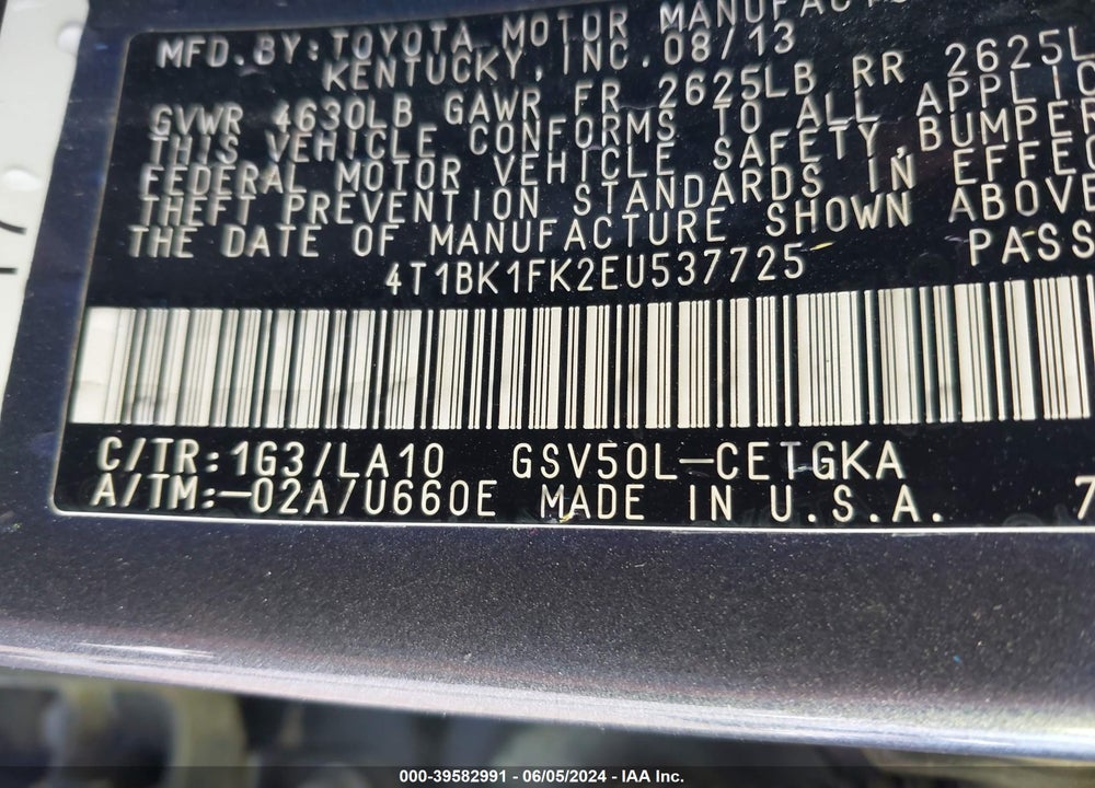 2014 TOYOTA CAMRY XLE V6 VIN: 4T1BK1FK2EU537725