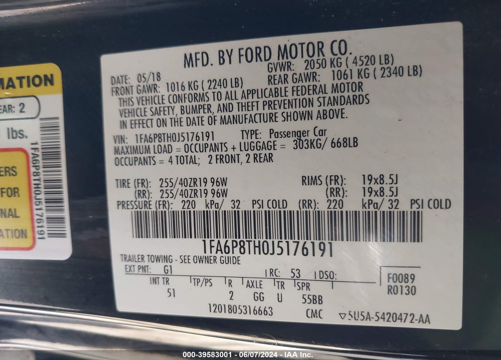 2018 FORD MUSTANG ECOBOOST VIN: 1FA6P8TH0J5176191