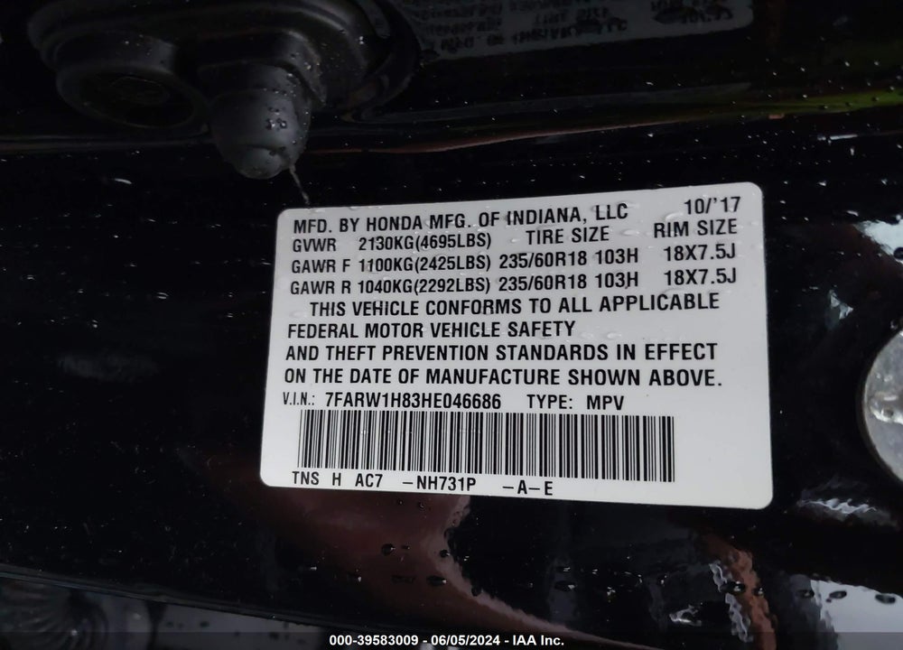 2017 HONDA CR-V EX-L/EX-L NAVI VIN: 7FARW1H83HE046686