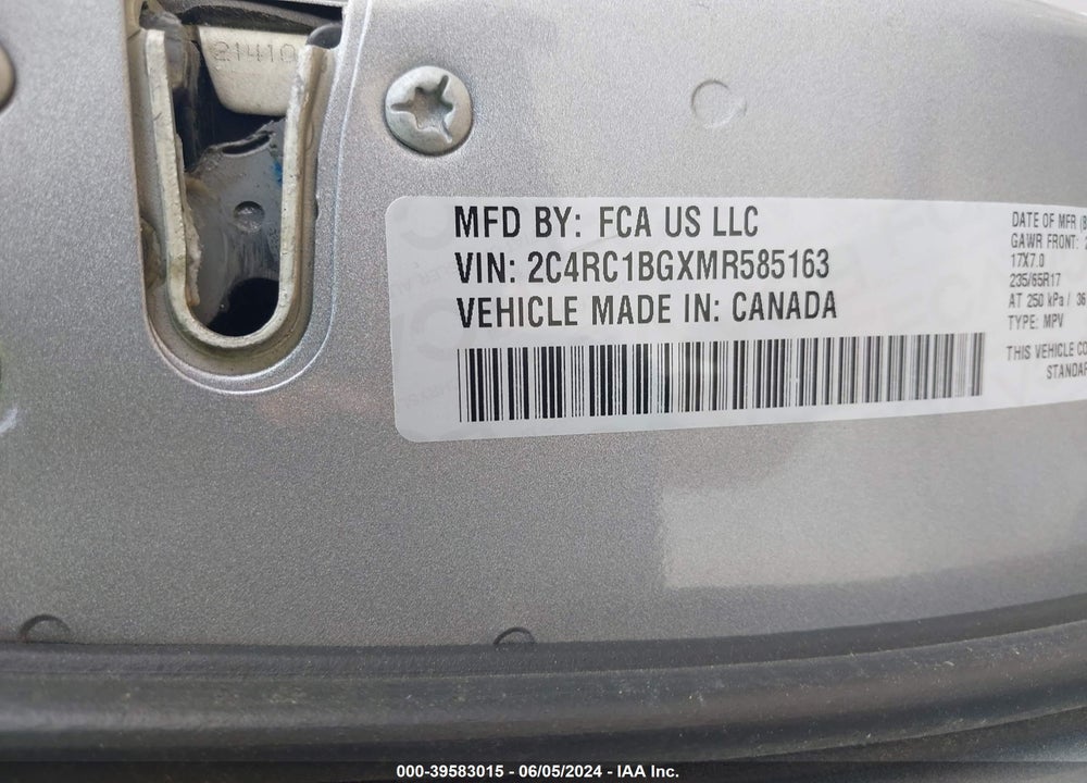 2021 CHRYSLER PACIFICA TOURING L VIN: 2C4RC1BGXMR585163