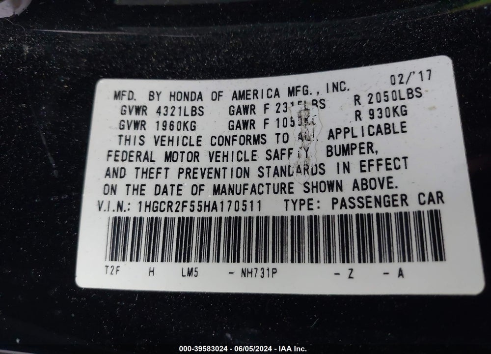 2017 HONDA ACCORD SPORT VIN: 1HGCR2F55HA170511