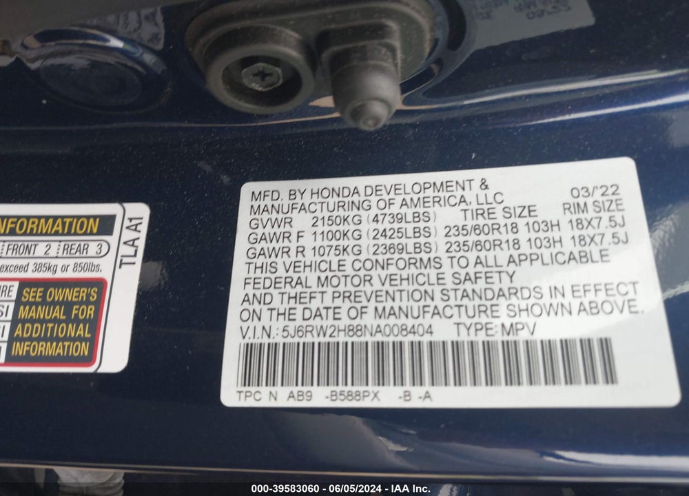 2022 HONDA CR-V AWD EX-L VIN: 5J6RW2H88NA008404