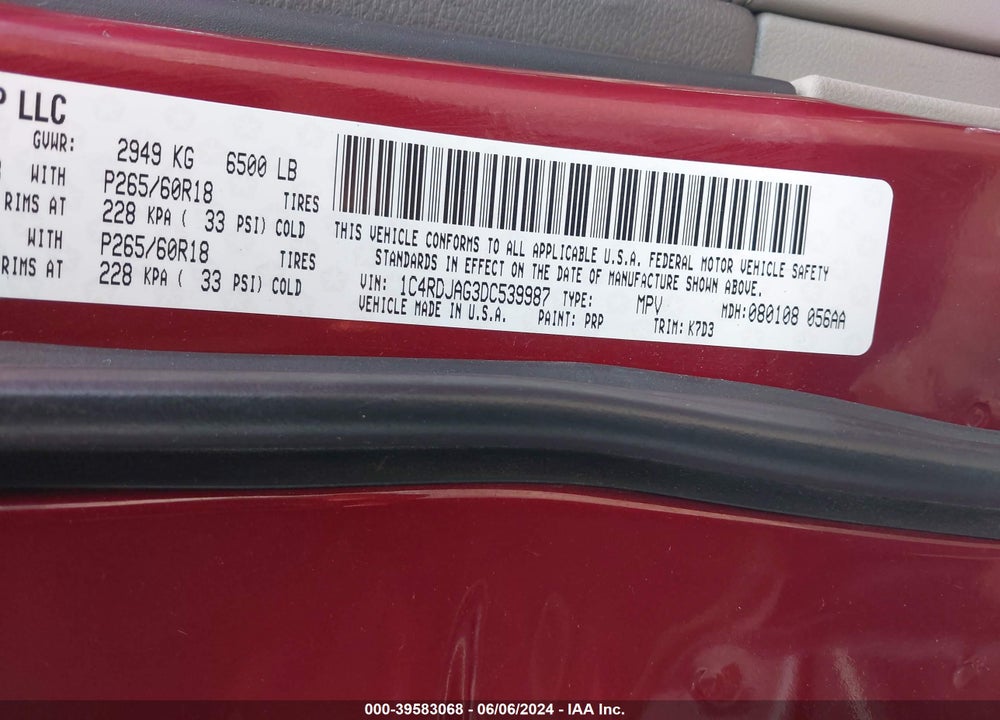 2013 DODGE DURANGO SXT VIN: 1C4RDJAG3DC539987