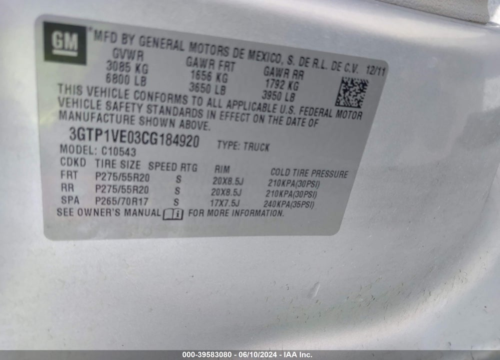 2012 GMC SIERRA 1500 SLE VIN: 3GTP1VE03CG184920