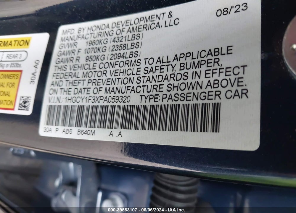 2023 HONDA ACCORD EX VIN: 1HGCY1F3XPA059320