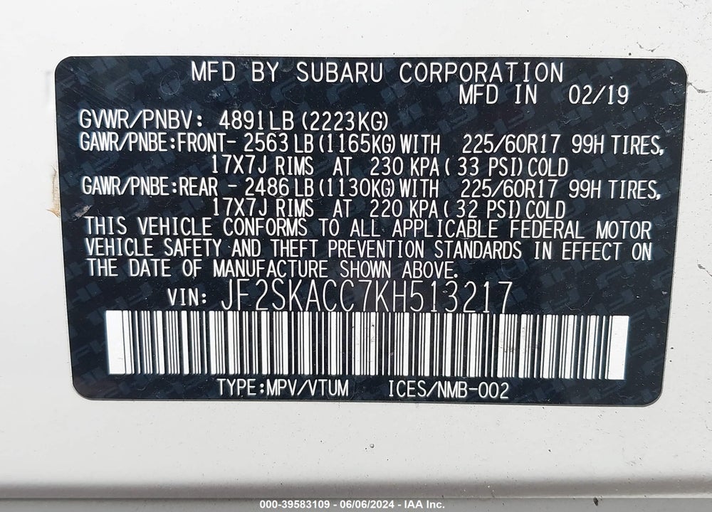 2019 SUBARU FORESTER VIN: JF2SKACC7KH513217