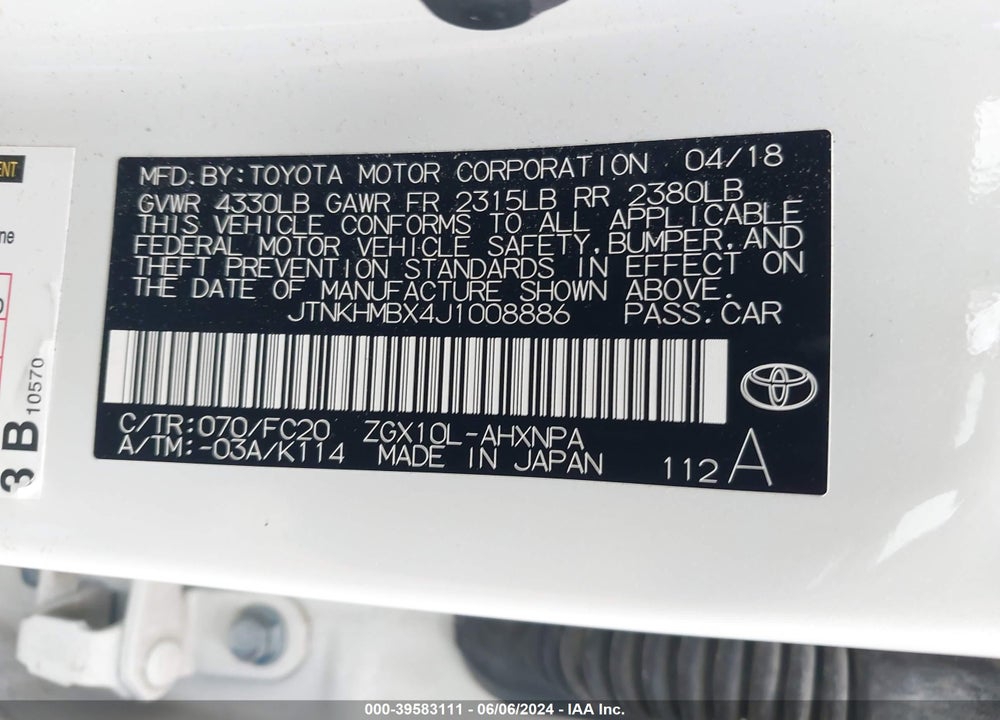 2018 TOYOTA C-HR VIN: JTNKHMBX4J1008886