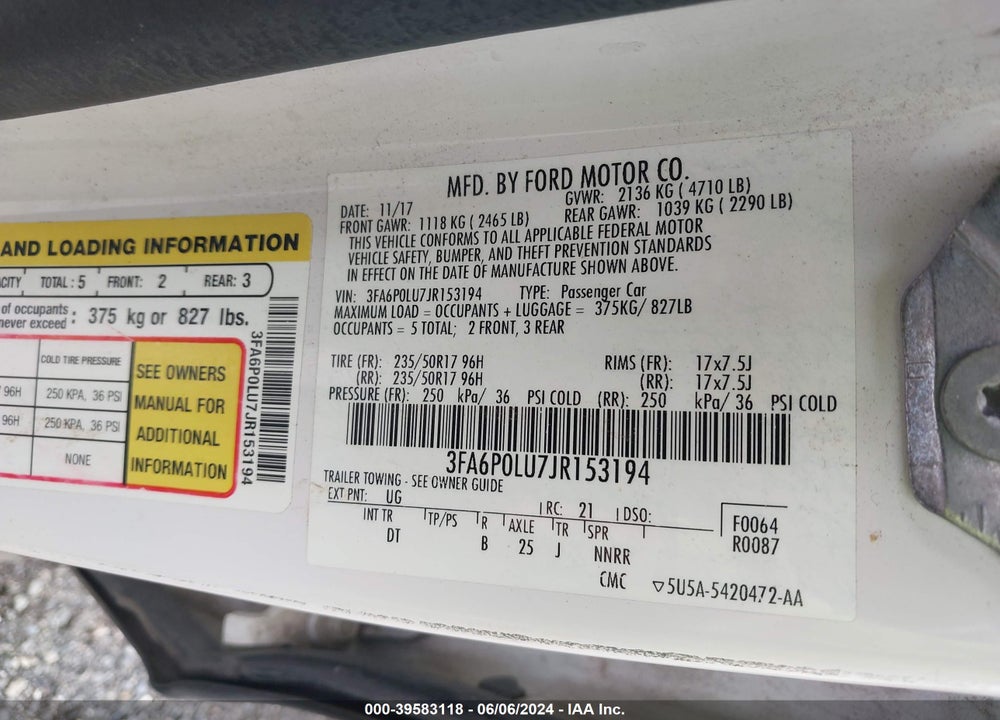 2018 FORD FUSION HYBRID VIN: 3FA6P0LU7JR153194