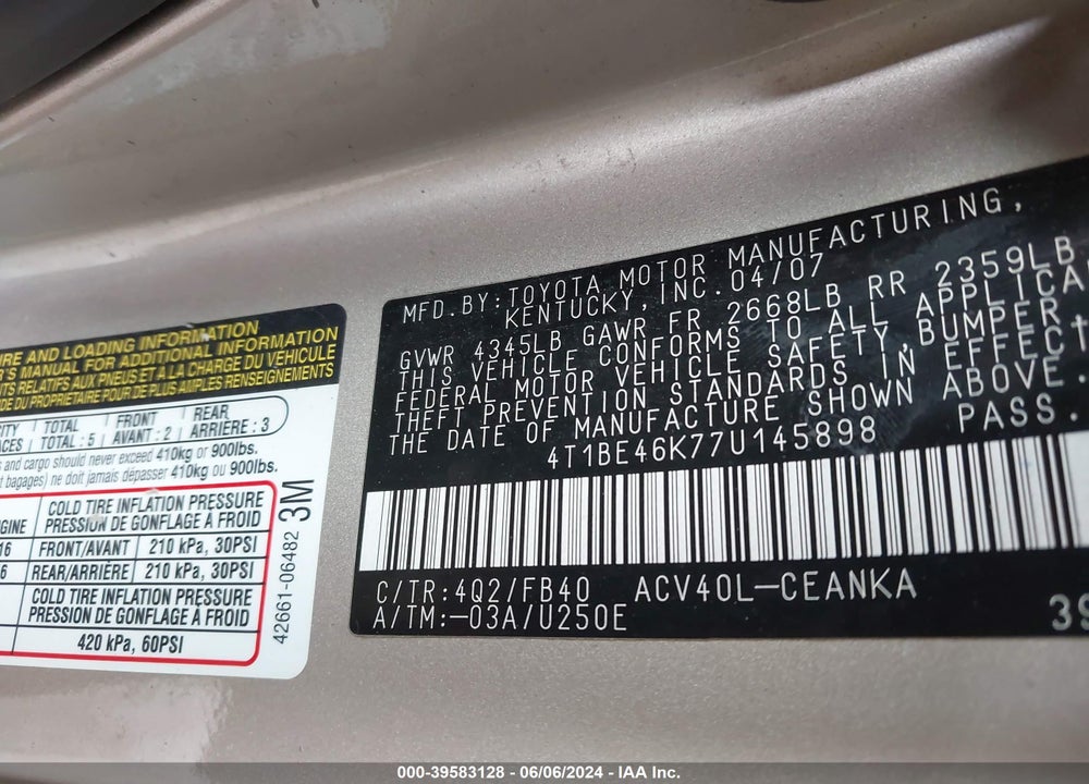 2007 TOYOTA CAMRY LE VIN: 4T1BE46K77U145898