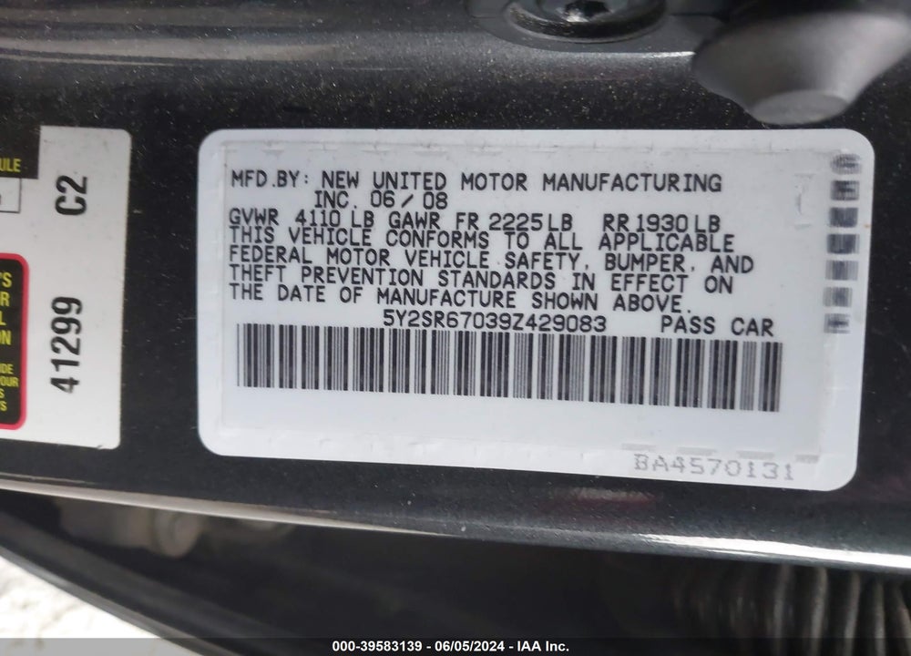 2009 PONTIAC VIBE GT VIN: 5Y2SR67039Z429083