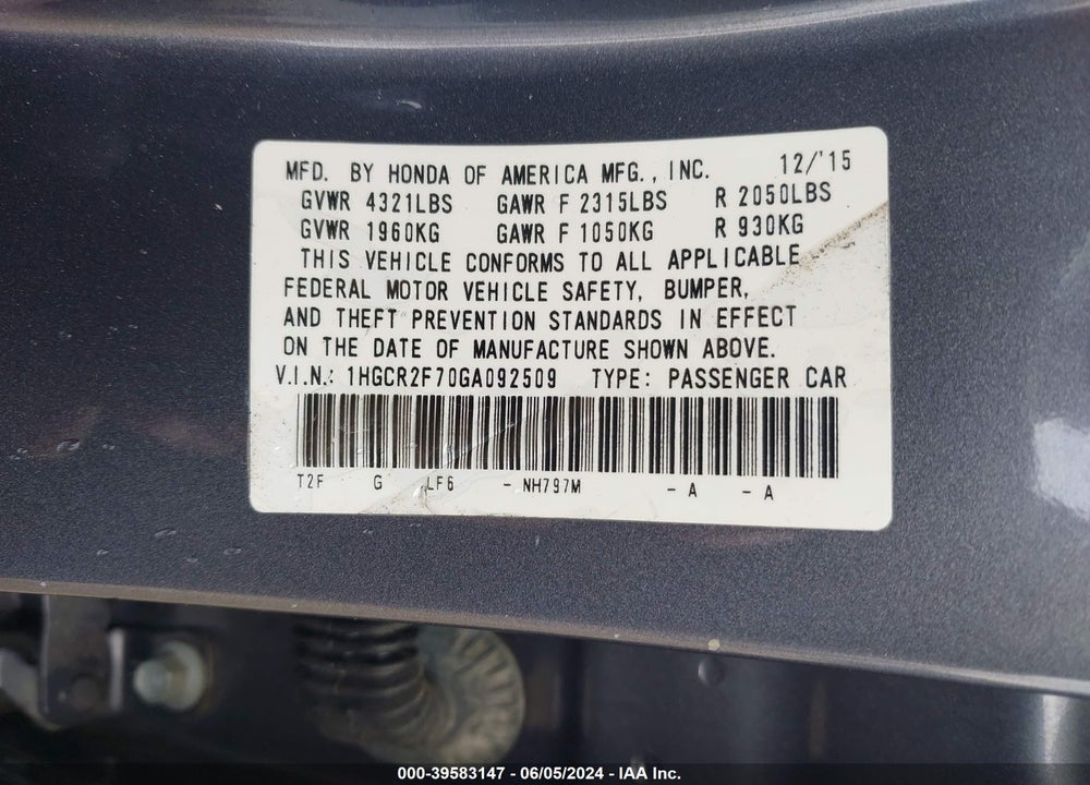 2016 HONDA ACCORD EX VIN: 1HGCR2F70GA092509