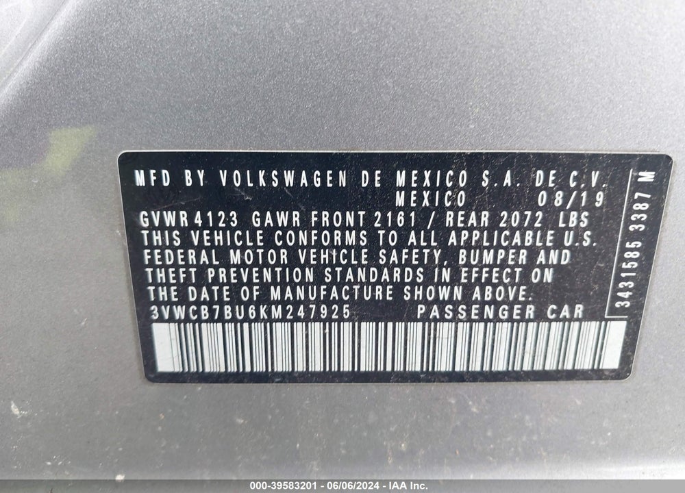2019 VOLKSWAGEN JETTA 1.4T R-LINE/1.4T S/1.4T SE VIN: 3VWCB7BU6KM247925