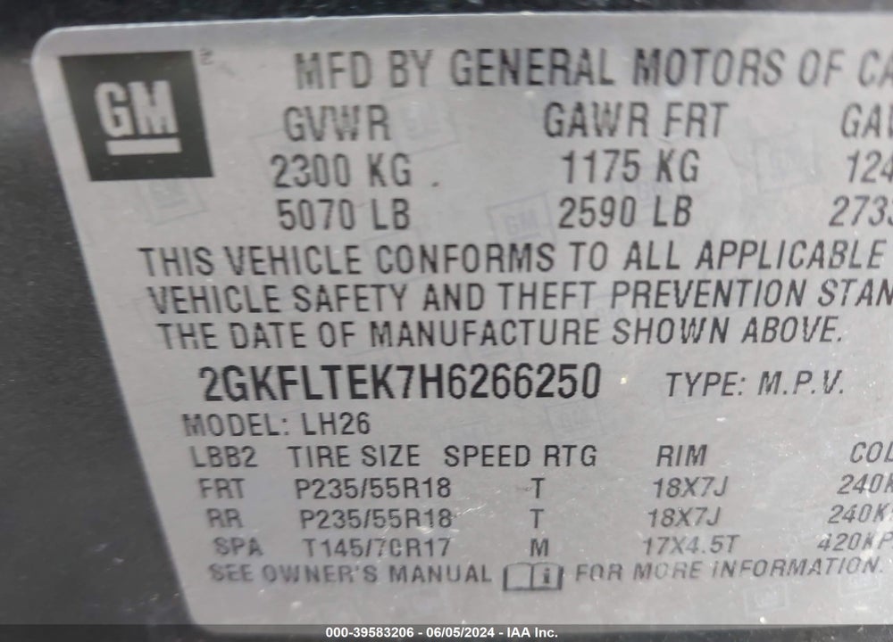 2017 GMC TERRAIN SLE-2 VIN: 2GKFLTEK7H6266250