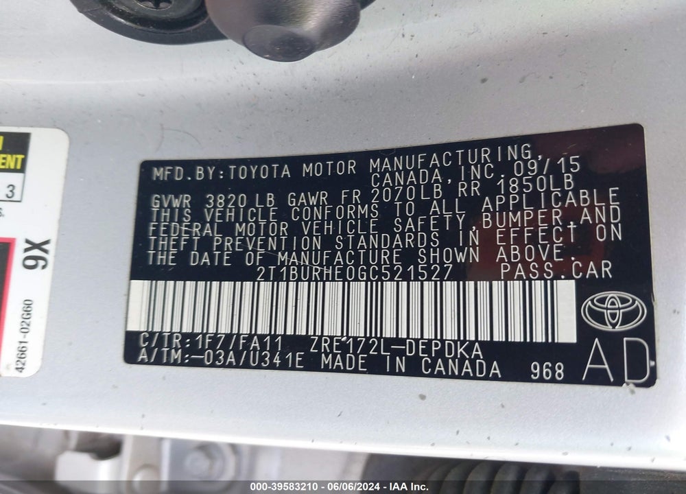 2016 TOYOTA COROLLA L VIN: 2T1BURHE0GC521527