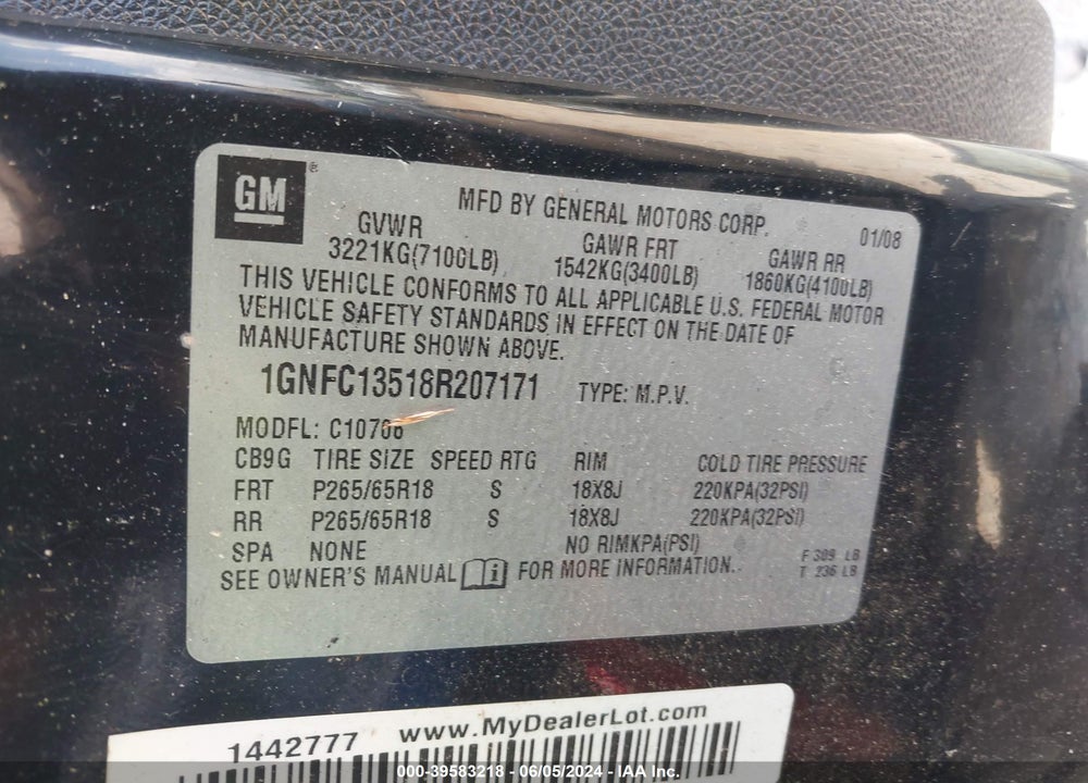 2008 CHEVROLET TAHOE HYBRID VIN: 1GNFC13518R207171