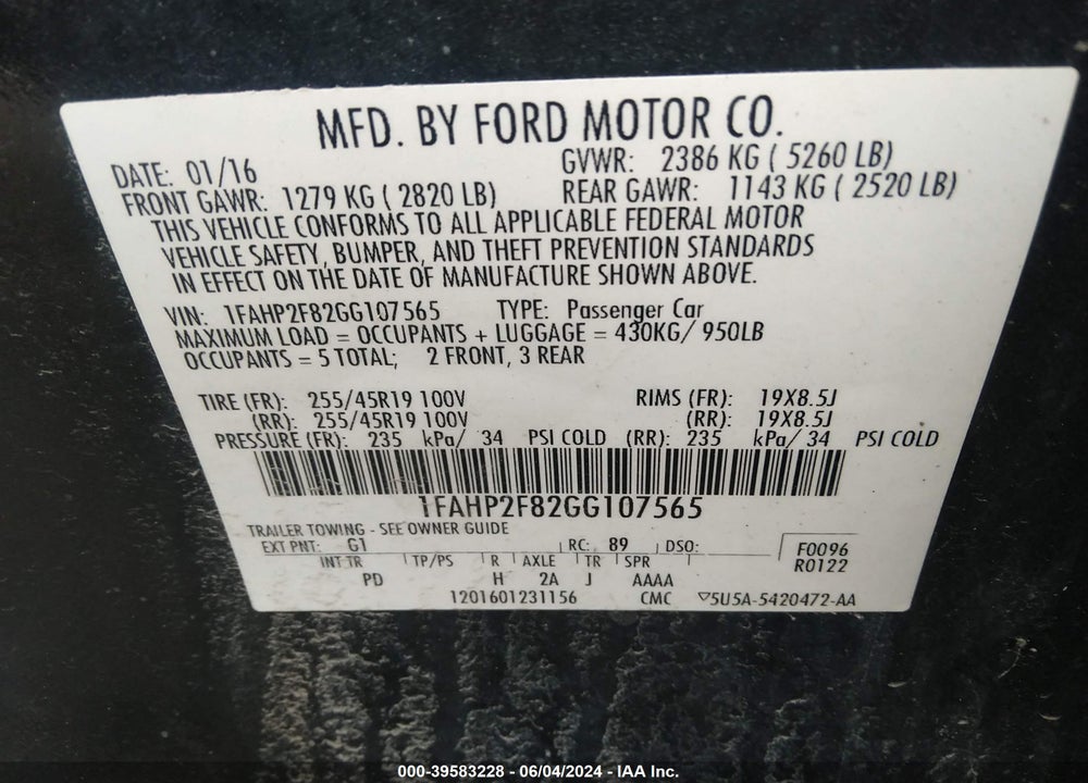 2016 FORD TAURUS LIMITED VIN: 1FAHP2F82GG107565