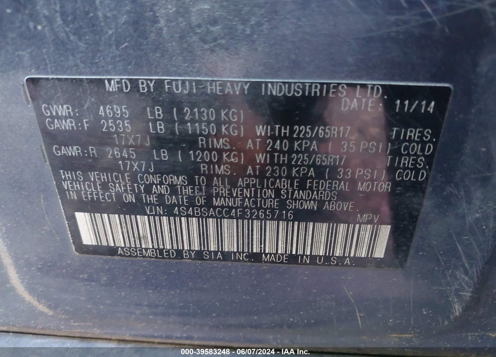 2015 SUBARU OUTBACK 2.5I PREMIUM VIN: 4S4BSACC4F3265716