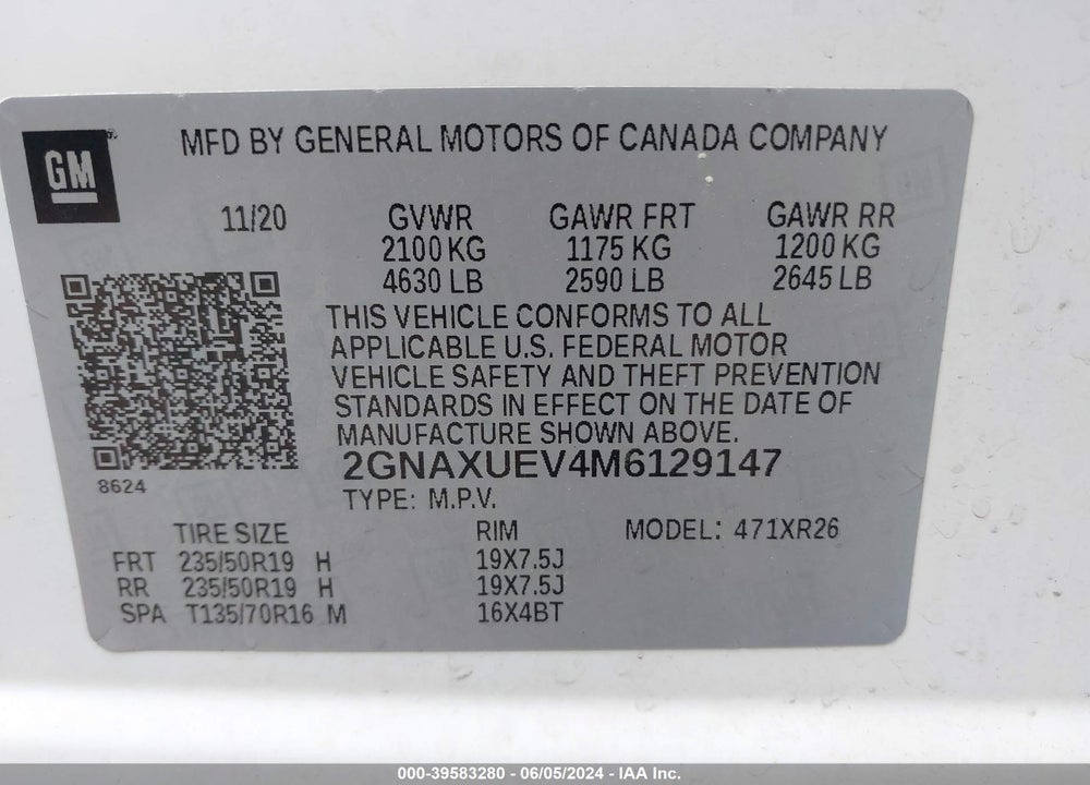 2021 CHEVROLET EQUINOX AWD LT VIN: 2GNAXUEV4M6129147