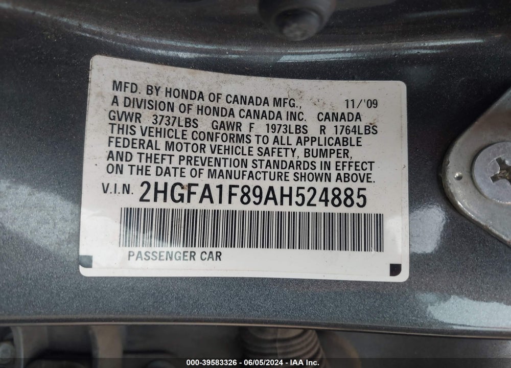 2010 HONDA CIVIC EX VIN: 2HGFA1F89AH524885
