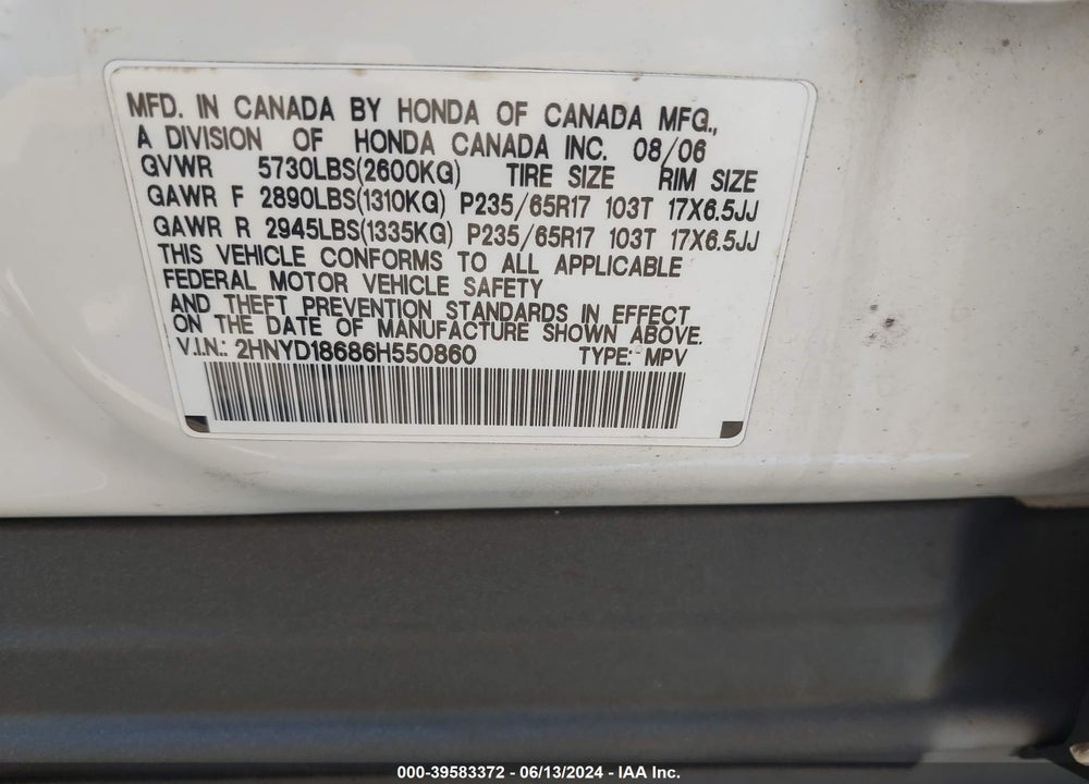 2006 ACURA MDX VIN: 2HNYD18686H550860