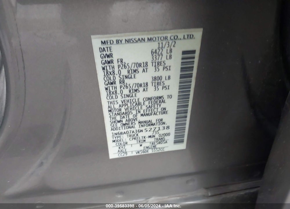 2006 NISSAN TITAN SE VIN: 1N6BA07A36N527138