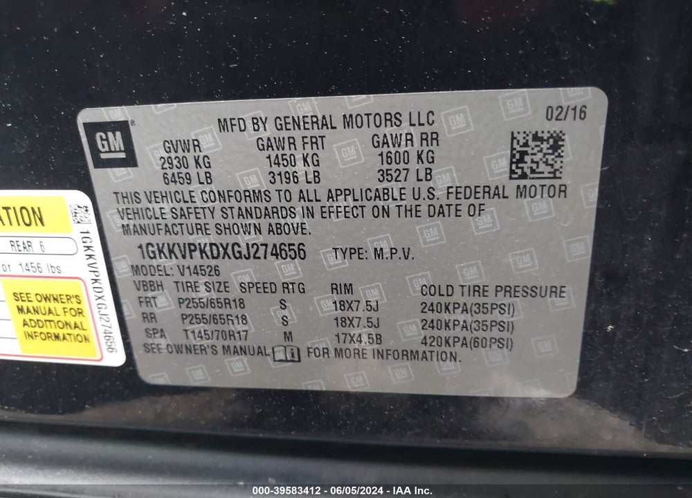 2016 GMC ACADIA SLE-2 VIN: 1GKKVPKDXGJ274656
