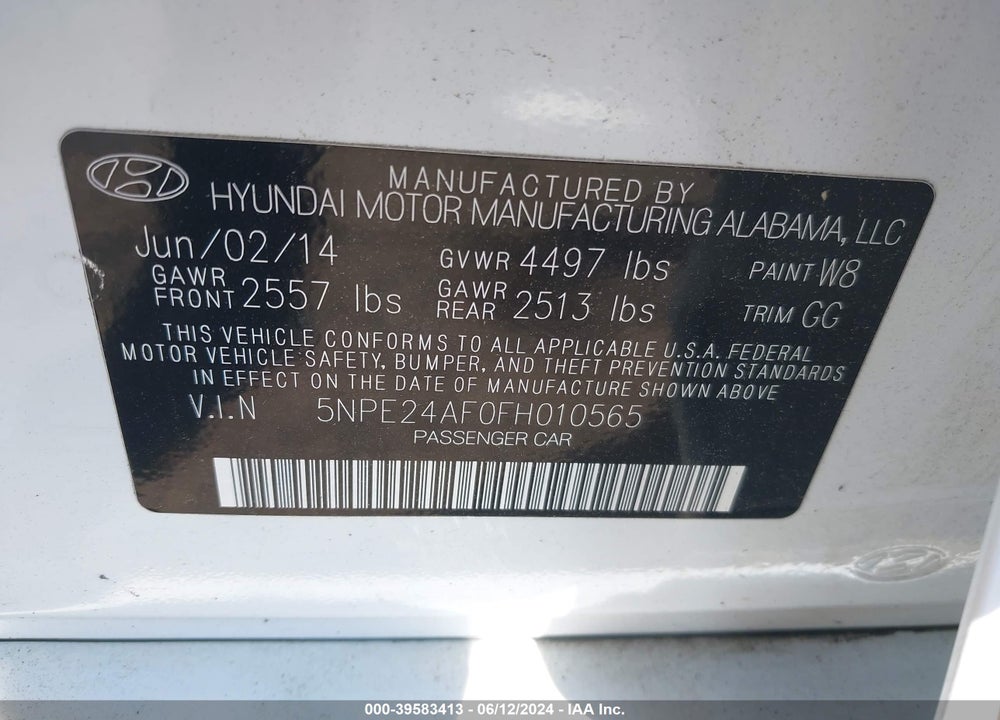 2015 HYUNDAI SONATA SE VIN: 5NPE24AF0FH010565