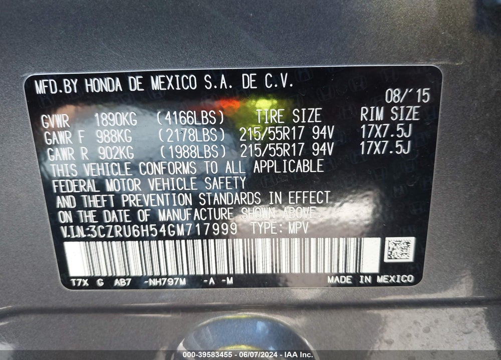 2016 HONDA HR-V EX VIN: 3CZRU6H54GM717999