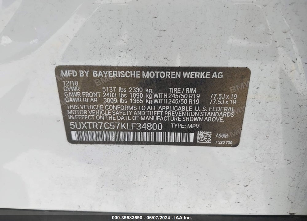 2019 BMW X3 SDRIVE30I VIN: 5UXTR7C57KLF34800