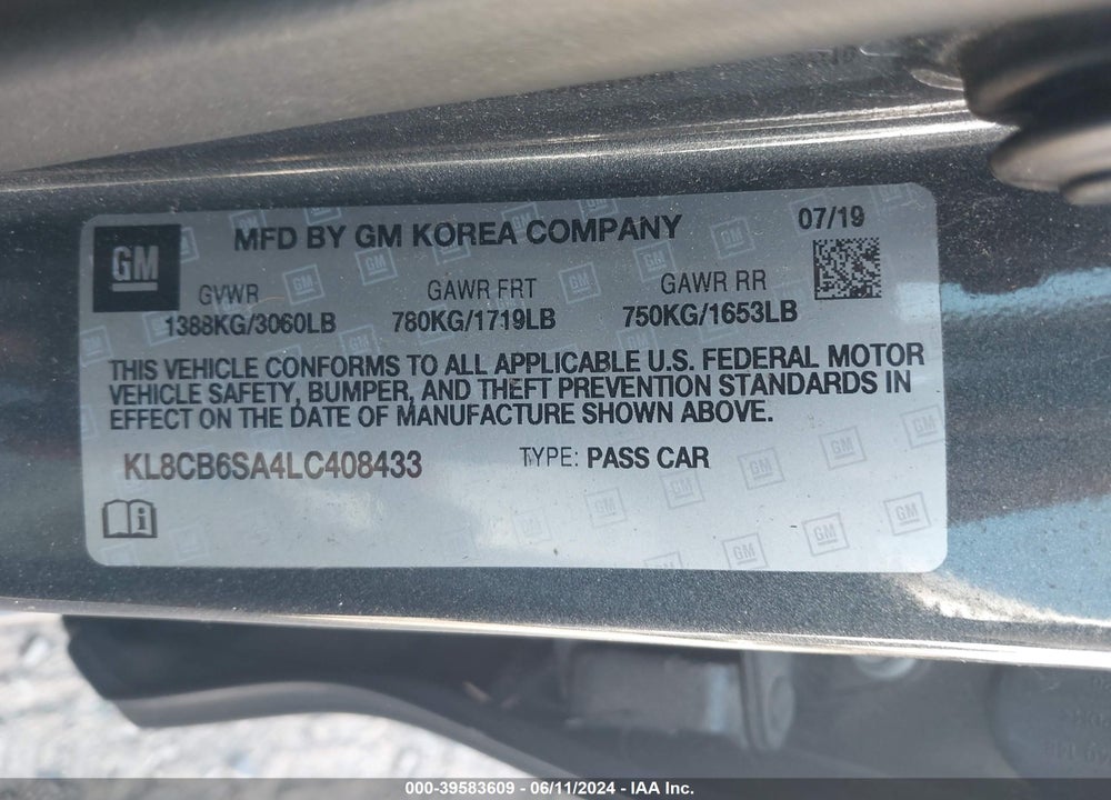 2020 CHEVROLET SPARK FWD LS AUTOMATIC VIN: KL8CB6SA4LC408433