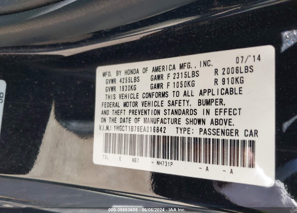2014 HONDA ACCORD EX VIN: 1HGCT1B76EA016842