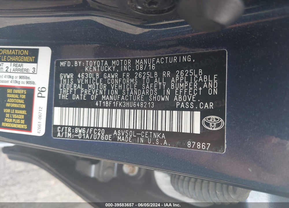 2017 TOYOTA CAMRY LE VIN: 4T1BF1FK3HU648213