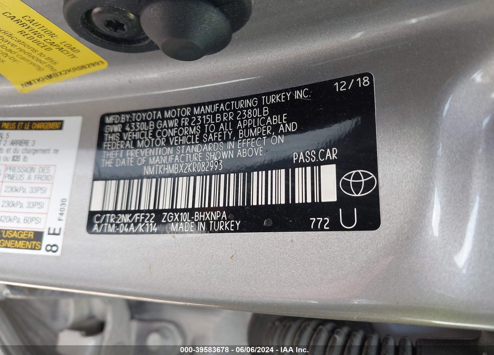 2019 TOYOTA C-HR XLE VIN: NMTKHMBX2KR082993
