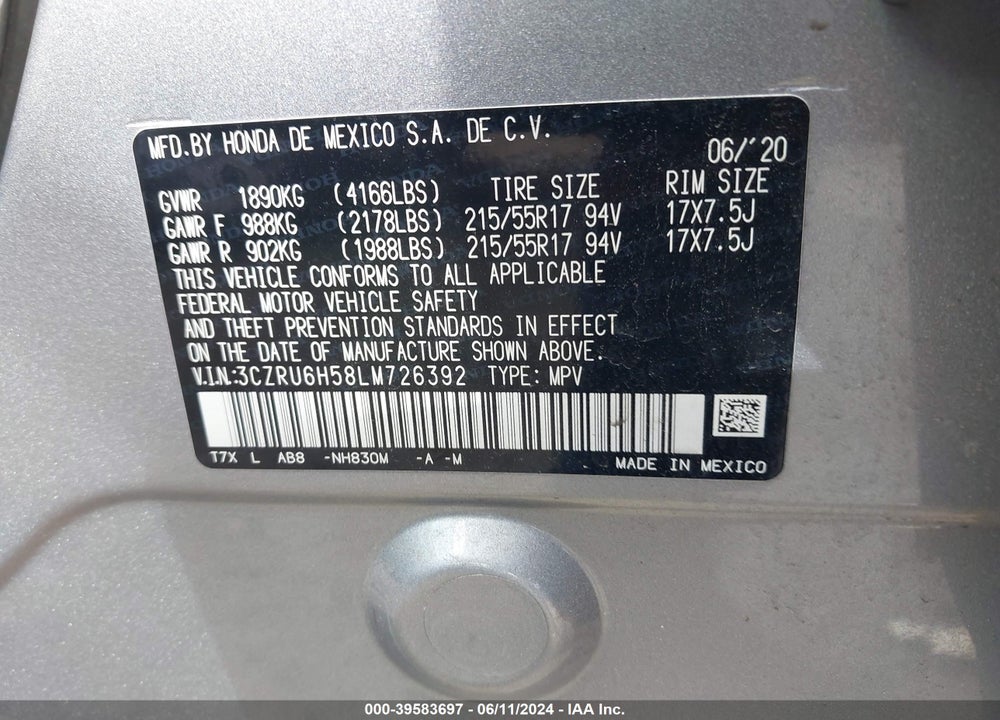 2020 HONDA HR-V AWD EX VIN: 3CZRU6H58LM726392