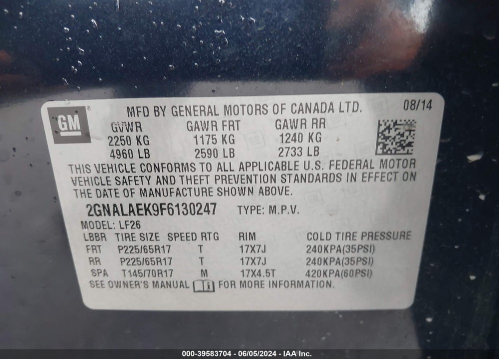 2015 CHEVROLET EQUINOX LS VIN: 2GNALAEK9F6130247
