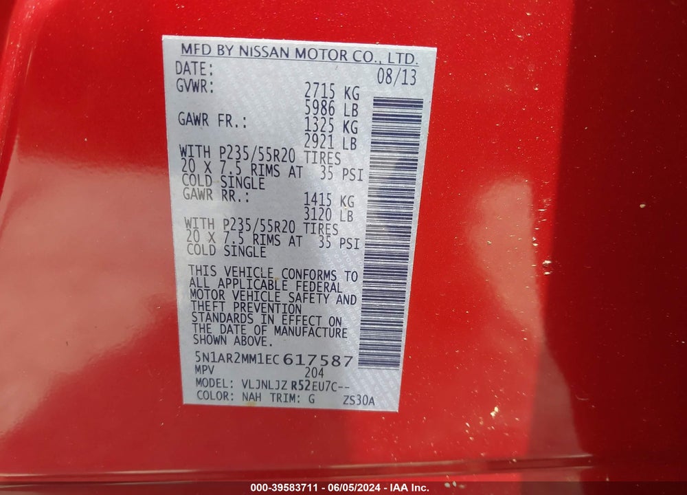 2014 NISSAN PATHFINDER PLATINUM VIN: 5N1AR2MM1EC617587