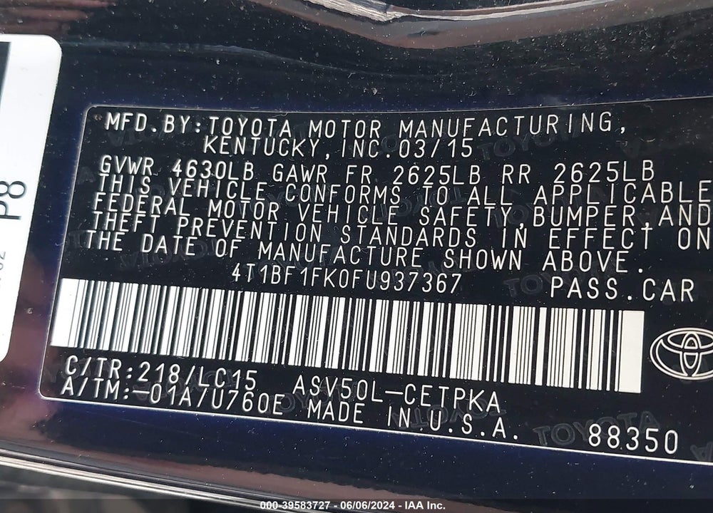 2015 TOYOTA CAMRY XSE VIN: 4T1BF1FK0FU937367